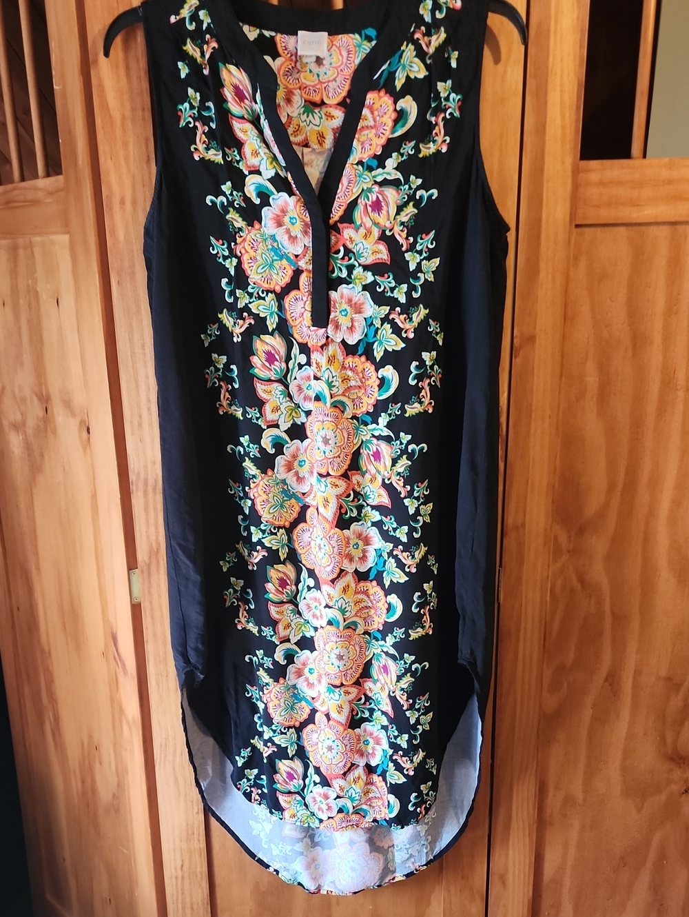 Cupio Black Dress with Bright Multicolor Floral Panel